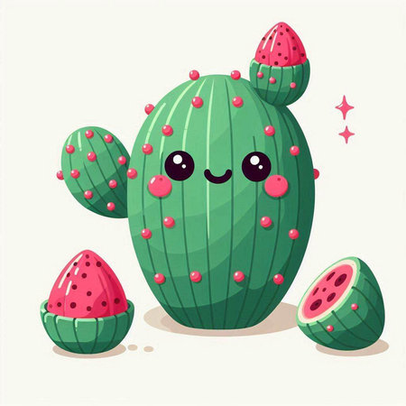 Cute green cactus character with watermelon. Vector illustration.のイラスト素材