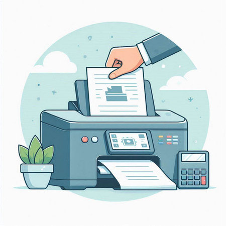Vector illustration of printer with documents and hand. Flat style design.のイラスト素材
