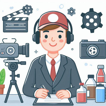 Illustration of a Young Man Wearing a Headset Writing a Movieのイラスト素材