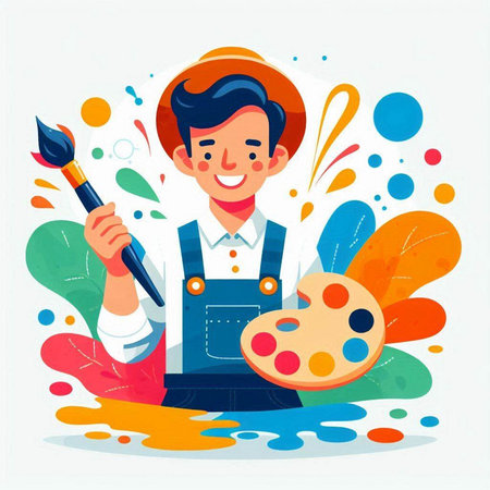 Happy boy with paint palette and brush. Vector illustration in cartoon styleのイラスト素材