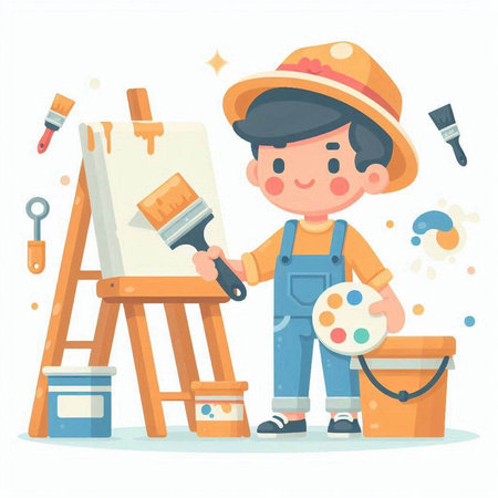Cute boy painting a picture on easel, vector illustration.のイラスト素材