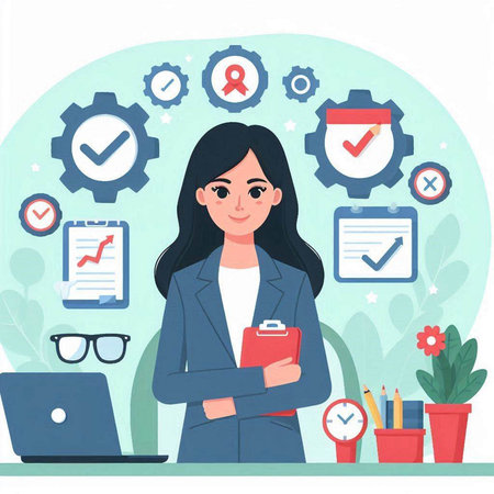 Businesswoman with clipboard and laptop in office. Flat style vector illustration.のイラスト素材
