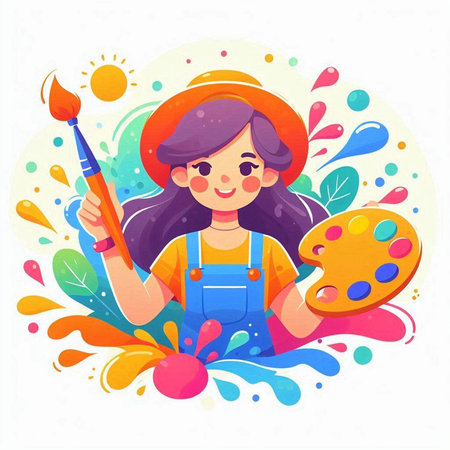Girl painter with a palette and brush. Vector illustration in cartoon styleのイラスト素材
