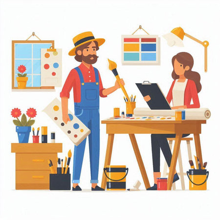 Painter man and woman working in workshop. Vector illustration in flat styleのイラスト素材