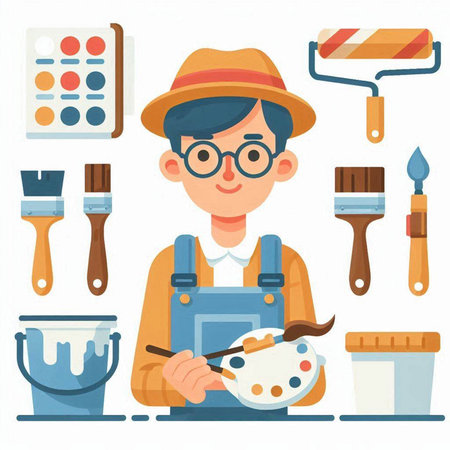 Painter with tools. Vector illustration in a flat cartoon style.のイラスト素材