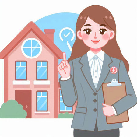 Business woman in front of a new house and holding clipboard. Vector illustration.のイラスト素材