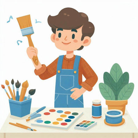 Vector illustration of a young man painter in apron painting with watercolor paints.のイラスト素材