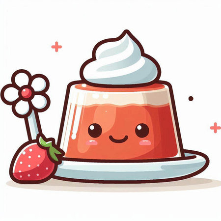 Cute vector illustration of a strawberry jelly with whipped cream and flowerのイラスト素材
