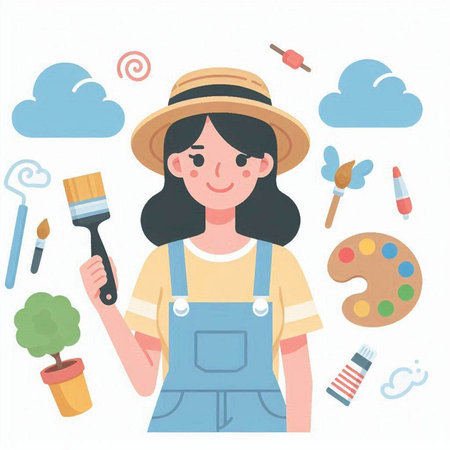 Vector illustration of a woman painter in a hat and overalls holding a paintbrush.のイラスト素材