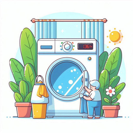 Laundry service concept. Old woman doing laundry at home. Vector illustrationのイラスト素材