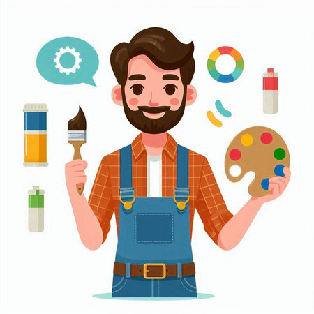 Artist man with brush and palette. Vector illustration in cartoon style.のイラスト素材
