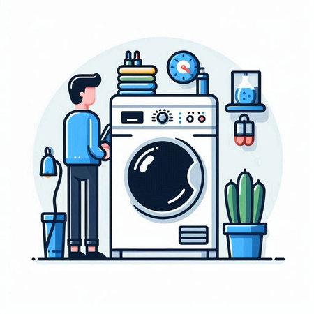 Laundry service concept. Man standing near washing machine at home. Vector illustration in flat styleのイラスト素材