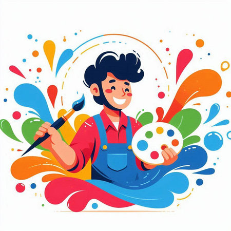 Cartoon boy painter with palette and brush. Vector illustration in a flat styleのイラスト素材