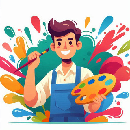 Painter with palette and brush. Vector illustration in cartoon style.のイラスト素材