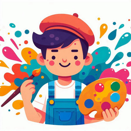 Cute little painter boy with palette and brush. Vector flat cartoon illustrationのイラスト素材