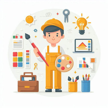 Painter man with paint palette and brush. Flat design vector illustration.のイラスト素材