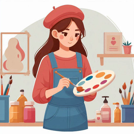 Artist woman in apron and beret with palette and brush. Vector illustrationのイラスト素材
