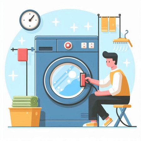 Laundry Service Flat Vector Illustration. Man Washing Clothes with Laundry Detergent in Washing Machineのイラスト素材