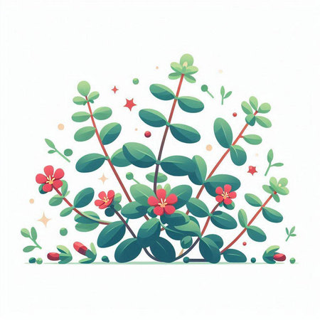 Illustration of a green leafy plant with red flowers and starsのイラスト素材