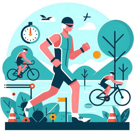 Vector illustration of a cyclist running in the park on a sunny day.のイラスト素材