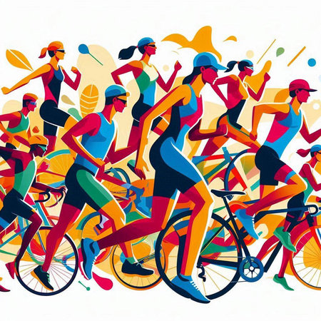 Vector illustration of a group of people on a bicycle race. Healthy lifestyle concept.のイラスト素材