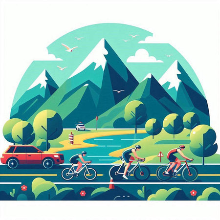 Cyclists on the road in the mountains. Vector illustration.のイラスト素材