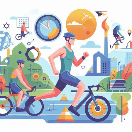 Cyclists in city park flat vector illustration. Cartoon man and woman riding bicycles on road. Healthy lifestyle conceptのイラスト素材