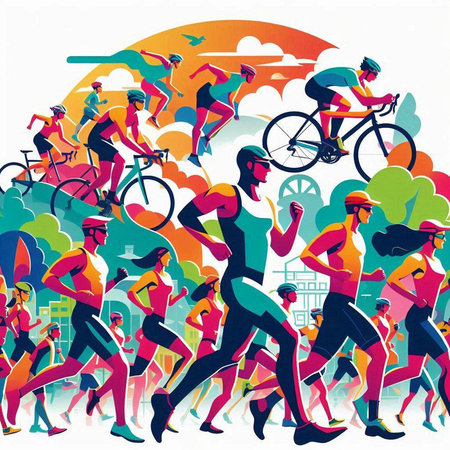 Vector illustration of a group of active people running in the city.のイラスト素材