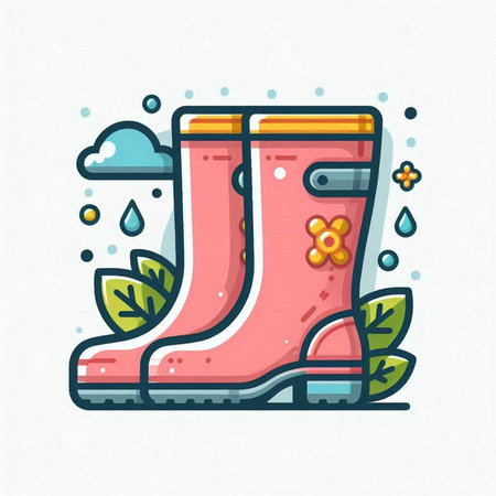 Rubber boots with flowers and raindrops. Vector illustration in flat style.のイラスト素材
