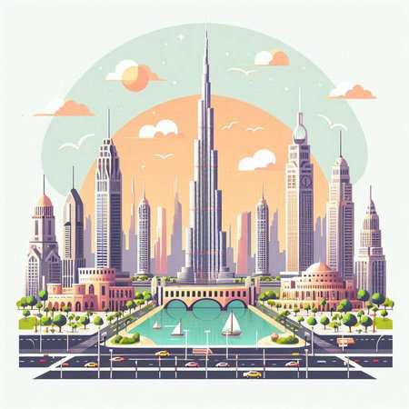 Dubai skyline, United Arab Emirates. Vector illustration in retro styleのイラスト素材