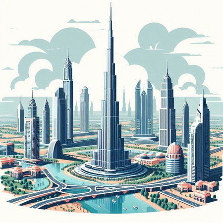 Dubai skyline with skyscrapers and modern buildings. Vector illustration.のイラスト素材