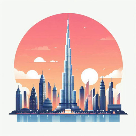 Dubai skyline in vintage style. Landmarks of UAE. Vector illustration.のイラスト素材