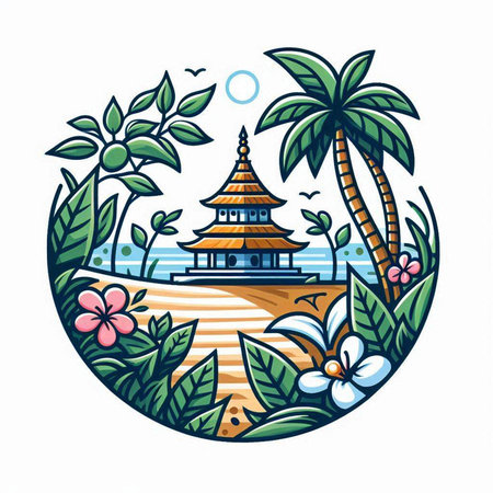 Tropical island with pagoda and palm trees. Vector illustration.のイラスト素材