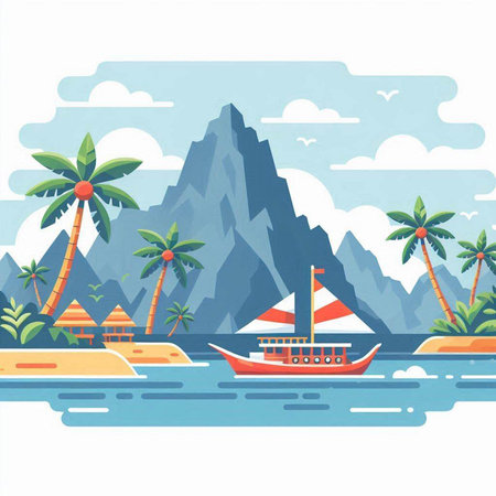 Vector illustration of a tropical island with palm trees, boats and a mountain.のイラスト素材