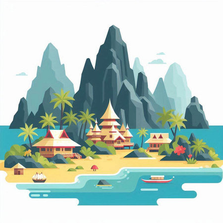 Tropical island with palm trees and bungalows. Vector illustrationのイラスト素材