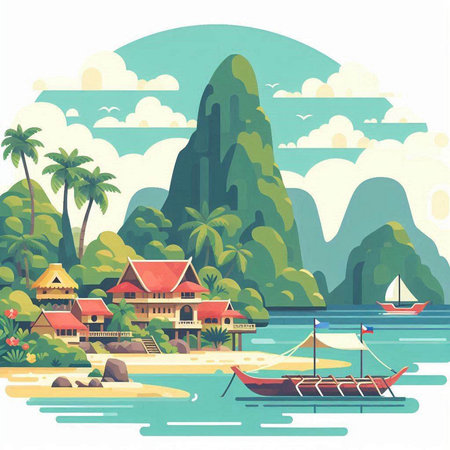 Vector illustration of a tropical island with palm trees, boats and mountainsのイラスト素材