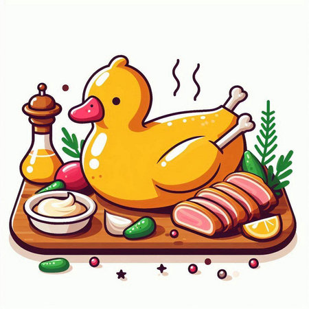 Illustration of a duck on a cutting board with sauce and ingredientsのイラスト素材