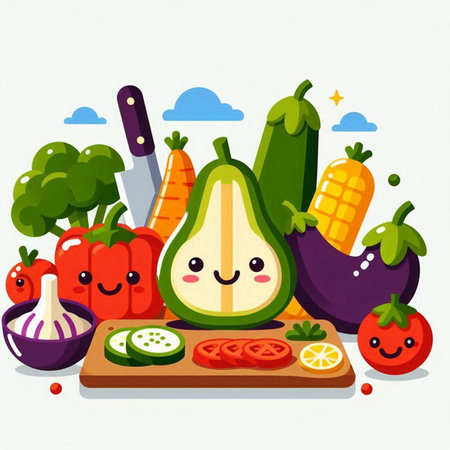 Vegetables and fruits on a cutting board, vector illustration.のイラスト素材