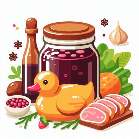 Vector illustration of a glass jar with jamnated duck and ingredients for cooking.のイラスト素材