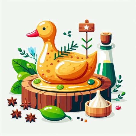 Vector illustration of duckling and spices on a wooden table. Cartoon style.のイラスト素材