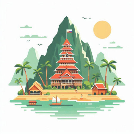 Landscape with pagoda on island and palm trees. Vector illustration.のイラスト素材