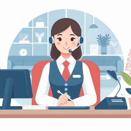 Call center operator. Vector illustration in flat style. Woman with headset.のイラスト素材