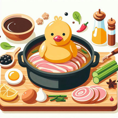 Illustration of a duck in a cooking pot with ingredients on the tableのイラスト素材