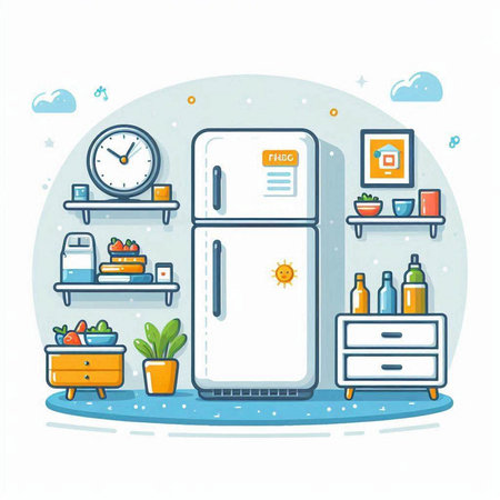 Illustration of fridge in flat line style. Vector illustration of refrigerator on white background.のイラスト素材