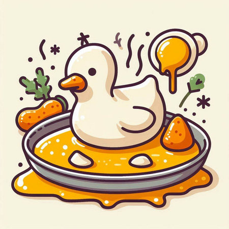 Illustration of a duck in a frying pan with carrot and eggのイラスト素材