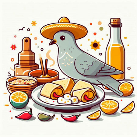 Cinco de mayo greeting card with dove and food, vector illustrationのイラスト素材
