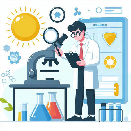 Scientist with microscope in the laboratory. Vector illustration in flat styleのイラスト素材