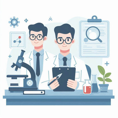 Vector illustration of a male scientist and his assistant in a laboratory.のイラスト素材