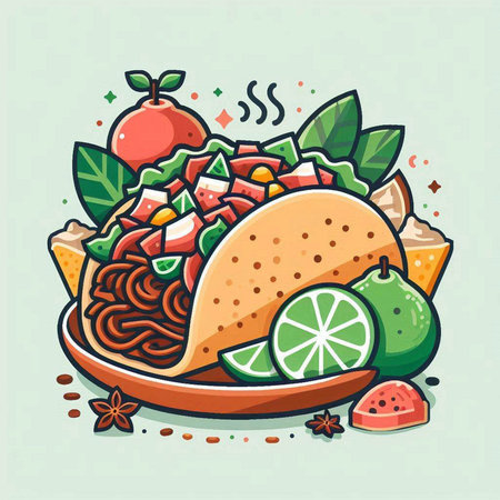 Mexican food vector illustration. Taco with lime, pomegranate, pomegranate.のイラスト素材
