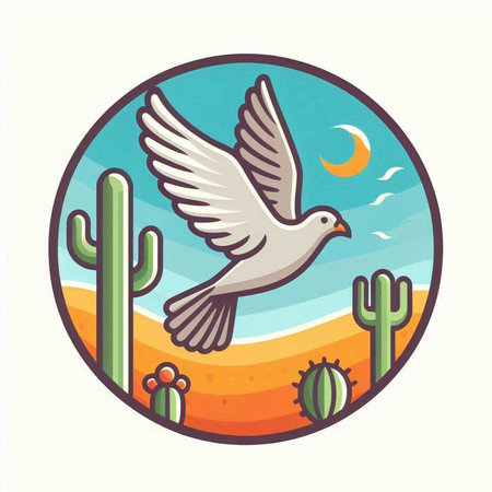 Dove flying in the desert with cactus. Vector illustration.のイラスト素材